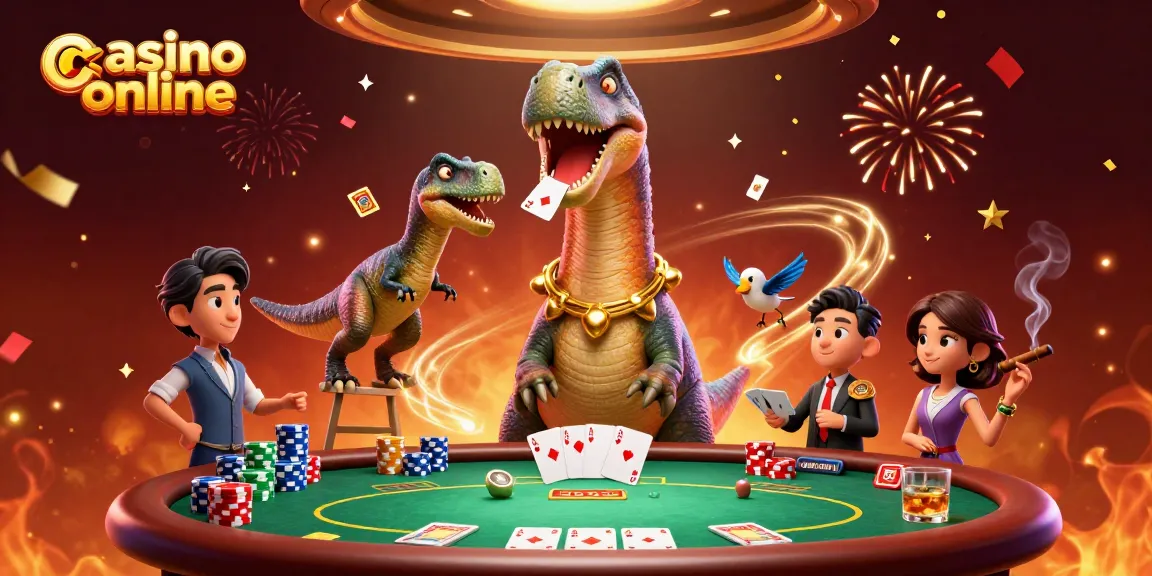 Experience thrills at a vibrant casino online scene featuring a brontosaurus and a clever raptor dealing cards.
