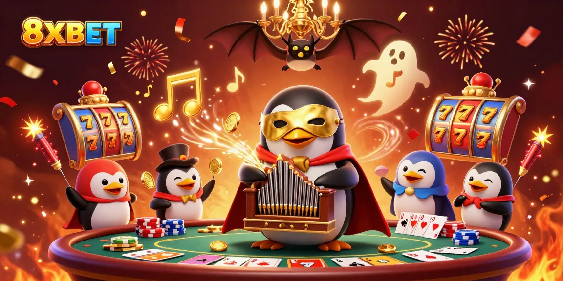 Experience thrilling wins with vibrant 8XBET action, showcasing a penguin playing the organ amidst dynamic casino elements.