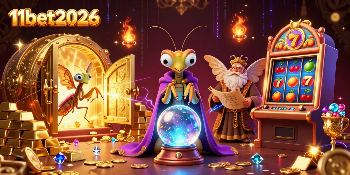 Experience the magic of 11bet2026 with a vibrant 3D casino scene featuring a fortune teller and slot machine.