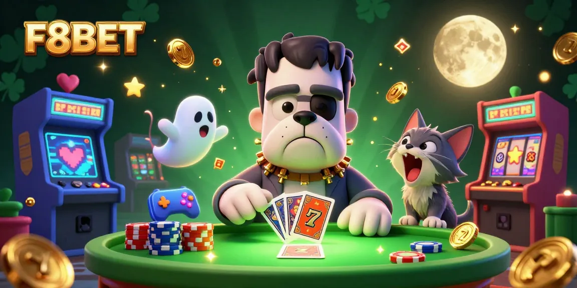 Engage with F8BET as the cartoon bulldog monster deals cards among sparkling casino elements.