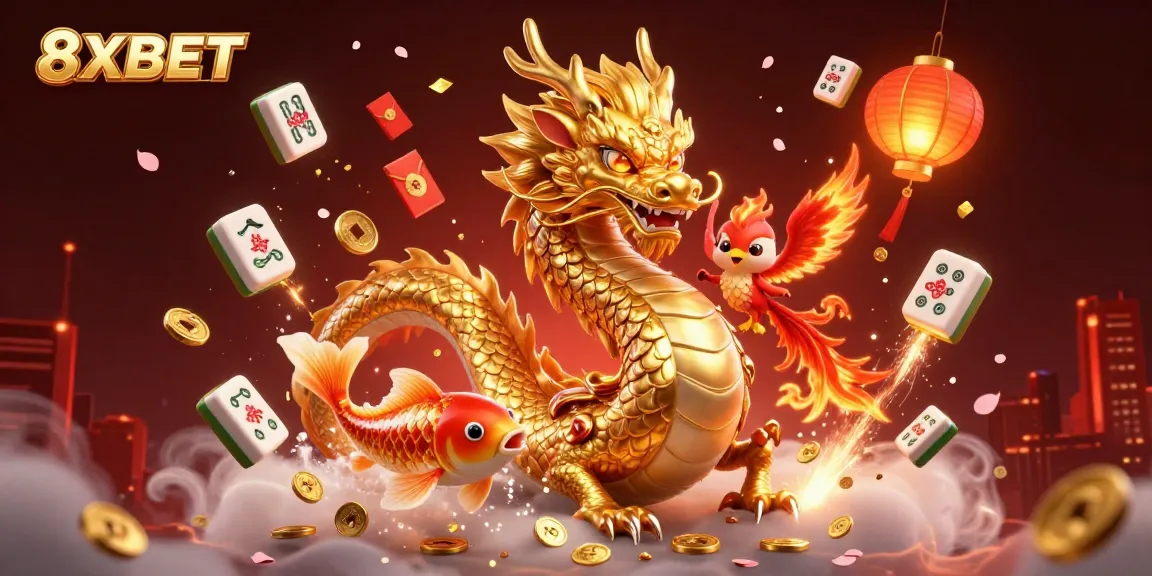 Engage in thrilling gambling experiences with 8XBET, featuring a dragon and phoenix illustration.