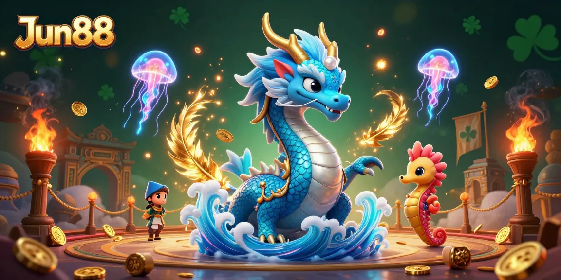 Engage with Jun88's thrilling casino experience featuring stunning dragon and neon jellyfish in a vibrant setting.