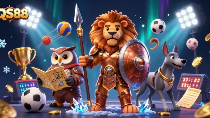 Engage with the exciting QS88 casino experience featuring dynamic sports elements and vibrant characters.