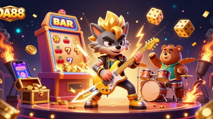 DA88 casino scene with a rock star wolf and drummer bear, surrounded by exciting gambling elements.