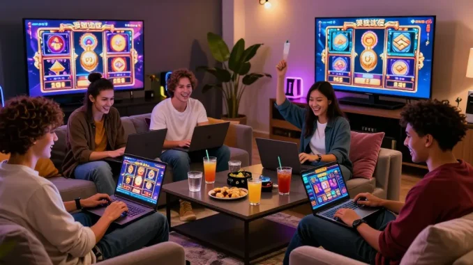 Engaging gaming atmosphere at oppa86 situs with friends enjoying daily spin bonuses and vibrant slot games.