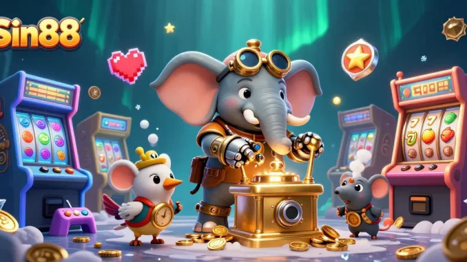 Spin to win with Sin88 featuring a steampunk elephant engineer and vibrant casino elements.