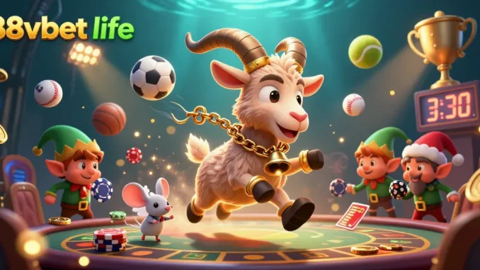 Engage in gameplay action with 88vbet life as Krampus, an angel mouse, and elf gremlins create a lively casino scene.