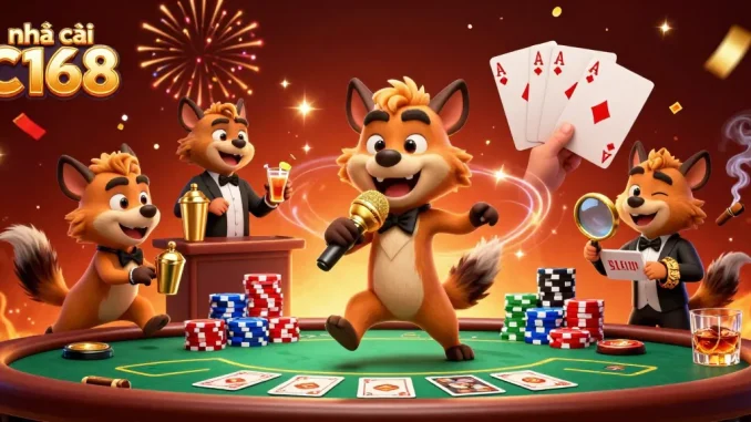 Experience exciting fun at nhà cái C168 with a vibrant comedy casino club and energetic hyena characters.