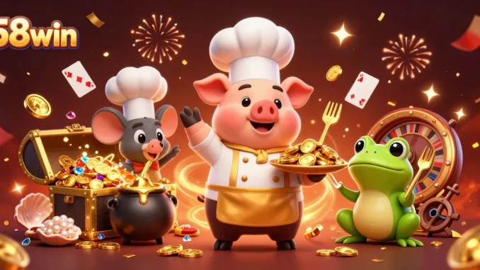 Experience thrilling gameplay at 58win with a chef pig serving golden coins amidst casino excitement.
