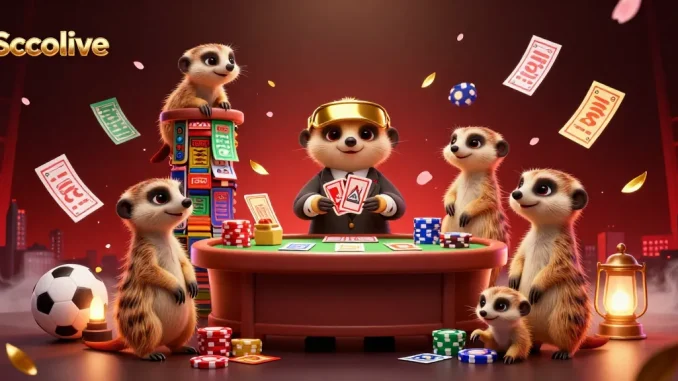 Socolive enhances sports betting excitement with animated meerkats at a vibrant betting table.