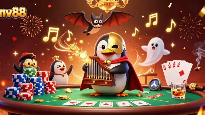 The mv88 casino scene features a penguin playing gold coin-shooting organ surrounded by poker elements.