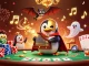 The mv88 casino scene features a penguin playing gold coin-shooting organ surrounded by poker elements.