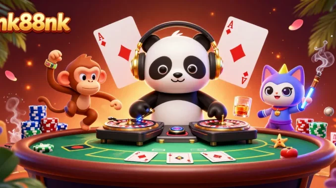 Join the fun at nk88nk where a DJ panda spins, a monkey dances, and excitement fills the casino atmosphere!