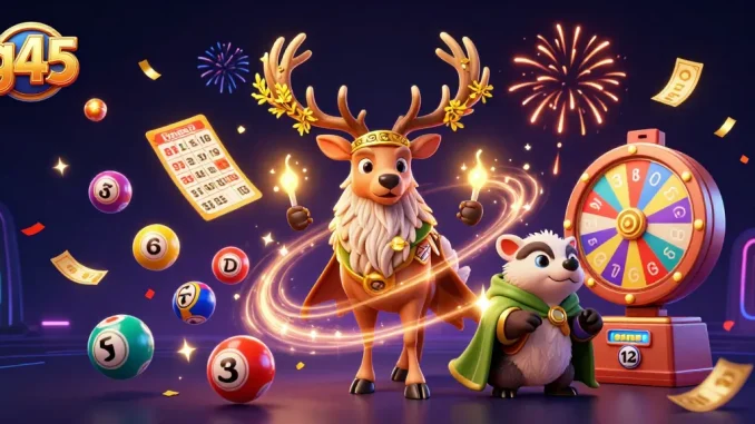 Engage in exciting lottery action with g45, surrounded by vibrant game elements and enchanting characters.