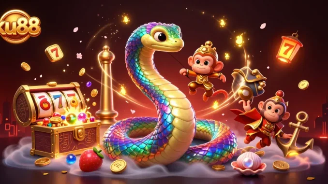 ku88 showcases an enchanting 3D scene combining a rainbow serpent and monkey king, celebrating casino slots.