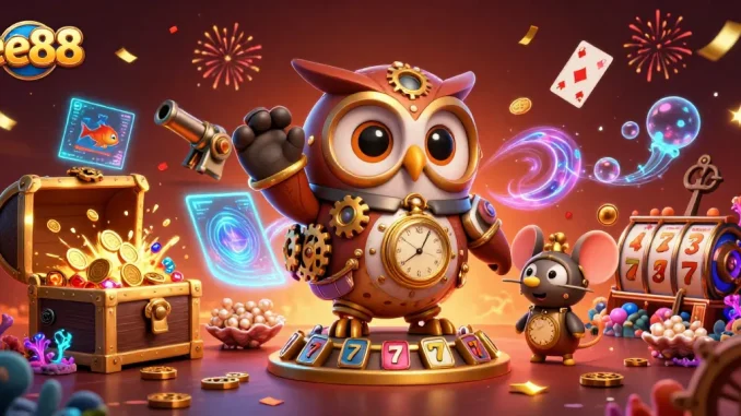 Play engaging casino games at ee88 with fun characters in a vibrant, dynamic scene.