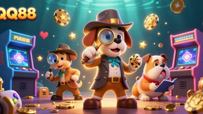 Engage with QQ88 casino games featuring a detective duo seeking treasure amidst vibrant arcade elements.