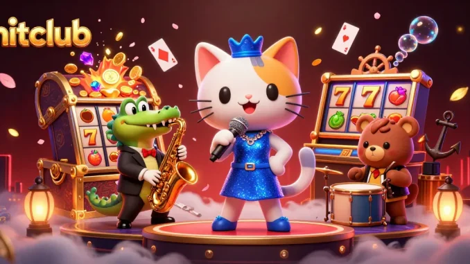Engaging hitclub casino scene with a jazz-singer cat, saxophone-playing crocodile, and drum bear amidst vibrant slot reels.