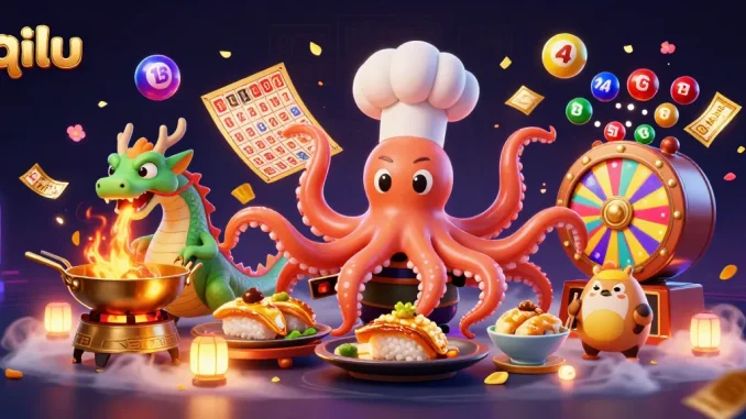 Place bets on dynamic lottery games with qilu's vibrant 3D casino illustration.
