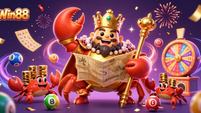 Win88 celebration with a golden crab emperor and colorful lottery elements, showcasing vibrant casino action.