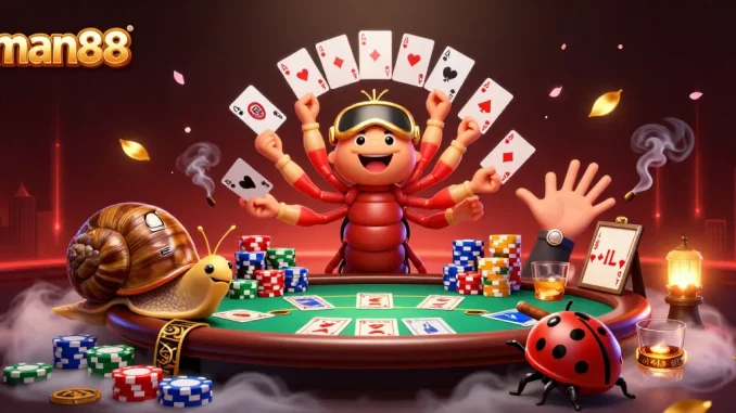 Experience excitement at man88 with a vibrant poker scene featuring lively characters and dynamic elements.
