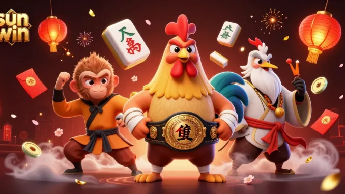 Experience the excitement of sun win with a dynamic illustration featuring a Muay Thai rooster, Shaolin monkey, and crane master amidst rich casino elements.