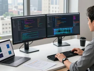 Innovative workspace with developer coding on dual monitors showcasing https://sc88.chat/ in a modern office environment.