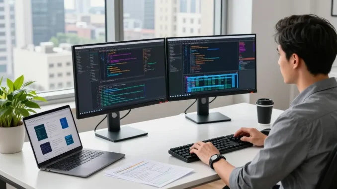 Innovative workspace with developer coding on dual monitors showcasing https://sc88.chat/ in a modern office environment.