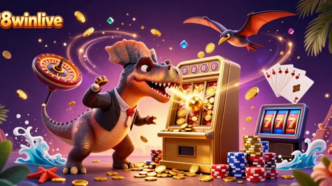Experience winning moments at 98winlive as a pachycephalosaurus strikes a jackpot slot machine amid flying coins.
