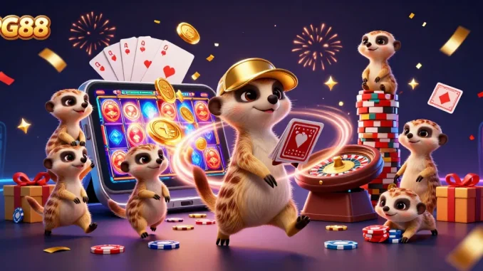 Experience the excitement of PG88 with meerkats running a dynamic casino operation, surrounded by vibrant game elements.