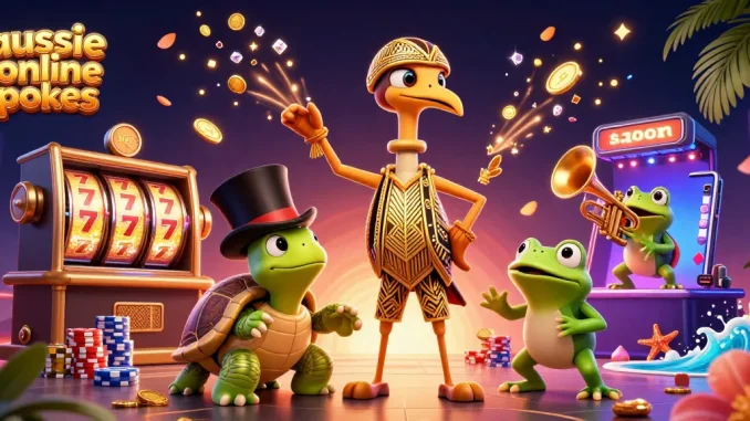 Engage with aussie online pokies in a vibrant 3D illustration of a crane, turtle, and frog surrounded by slot machines.
