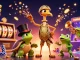 Engage with aussie online pokies in a vibrant 3D illustration of a crane, turtle, and frog surrounded by slot machines.