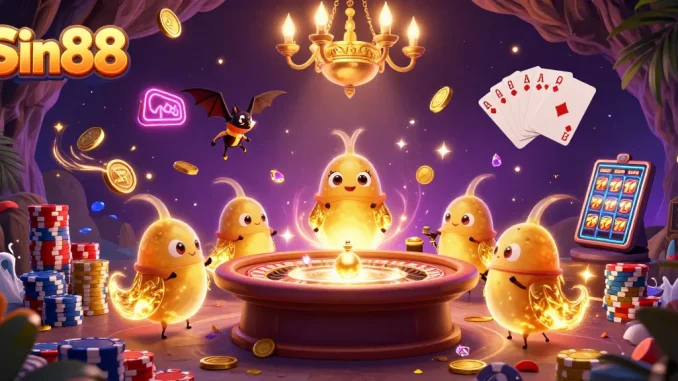 Experience the vibrant entertainment of Sin88, where glowworms illuminate a lively cave casino scene.