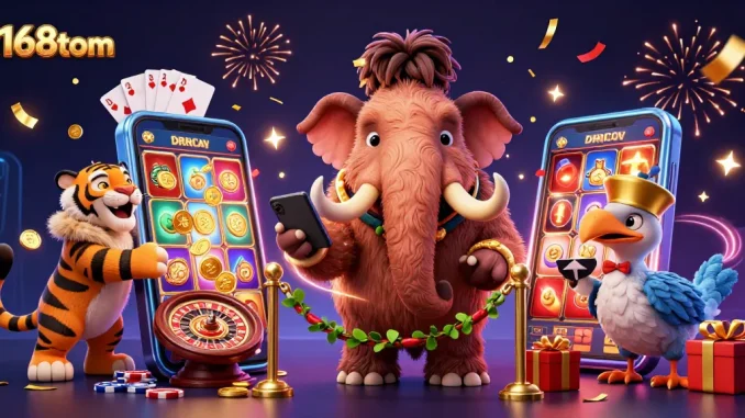 Experience the vibrant world of c168tom casino with a lively illustration showcasing a mammoth bouncer, VIP saber-tooth guest, and gamified elements.