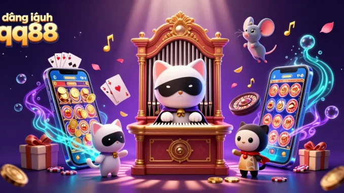 Engage with fun slot games at đăng nhập qq88 with a lively casino scene featuring a whimsical cat and mouse