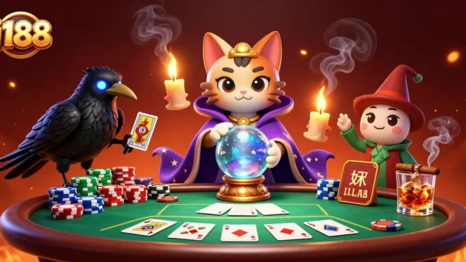 Experience the excitement of j188 poker with a mystic cat, raven, and vibrant game elements.