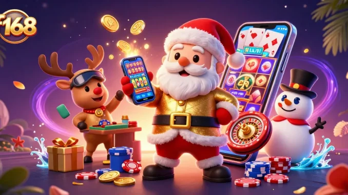 Play slots and win big with f168 in a vibrant casino scene featuring Santa and friends.