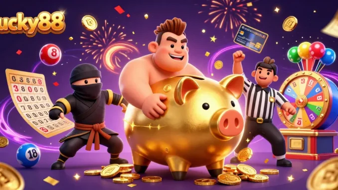 Engage with lucky88 through an action-packed casino illustration featuring dynamic characters and vibrant elements.