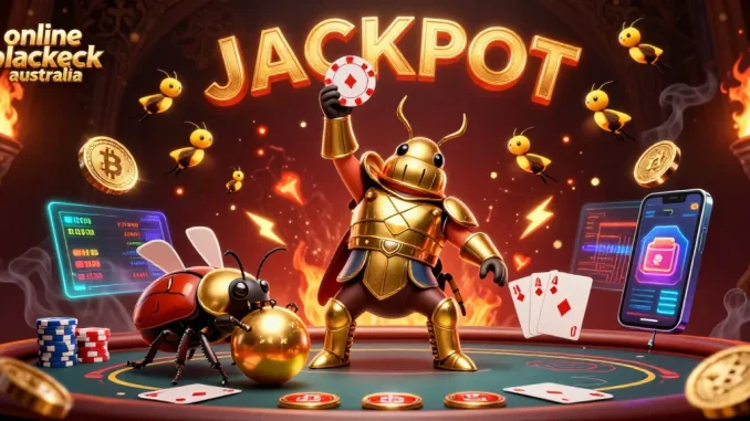 Engaging scene of online blackjack in Australia featuring a victorious beetle, glowing chips, and dynamic casino elements.