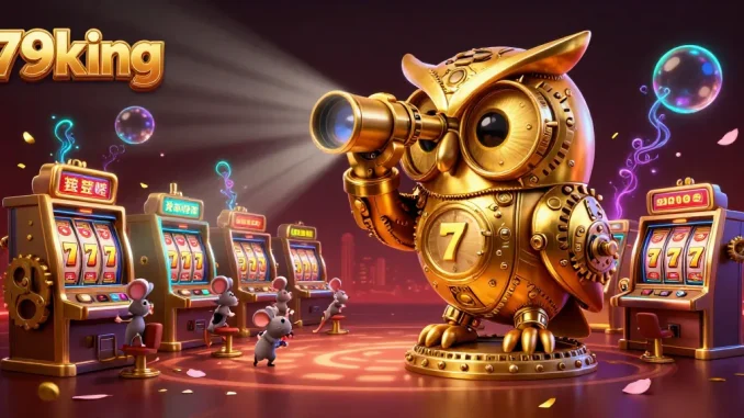 Experience the vibrant world of 79king with a golden owl scanning a busy casino floor, decorated richly.