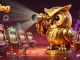 Experience the vibrant world of 79king with a golden owl scanning a busy casino floor, decorated richly.